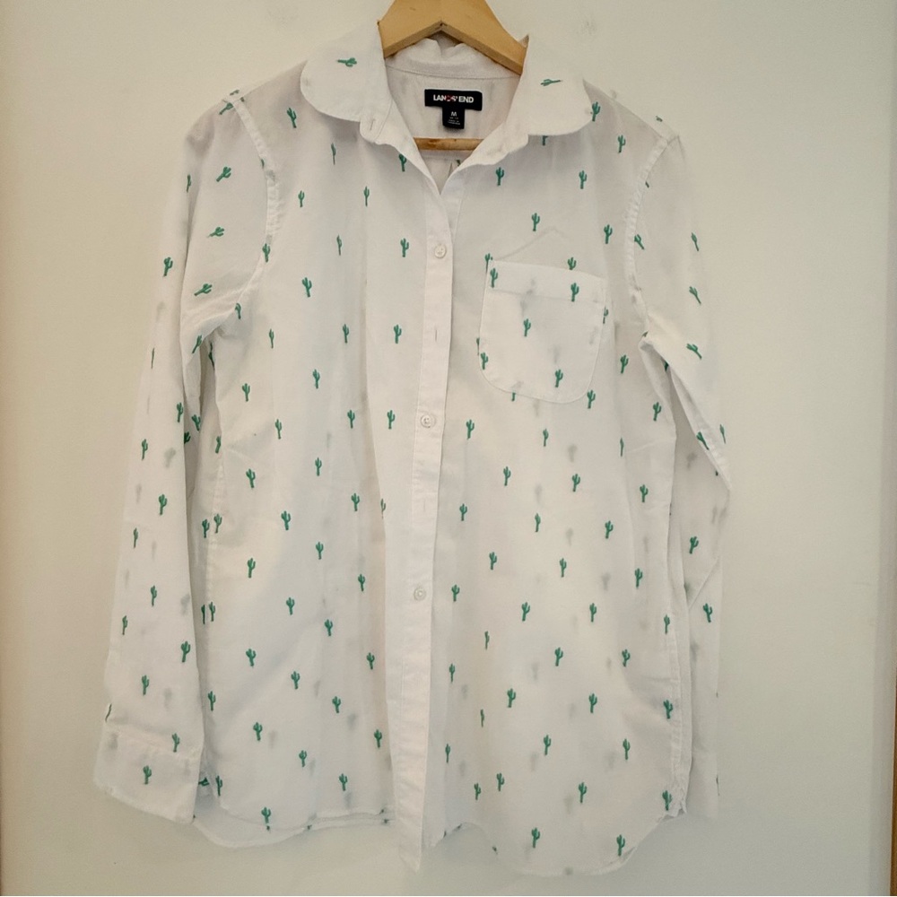 ✅ Lands' End M10/12 button down long sleeve White Shirt embroidered green cactus